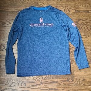 Vineyard Vines Heathered Blue Breast Cancer Long Sleeve Performamce Tee